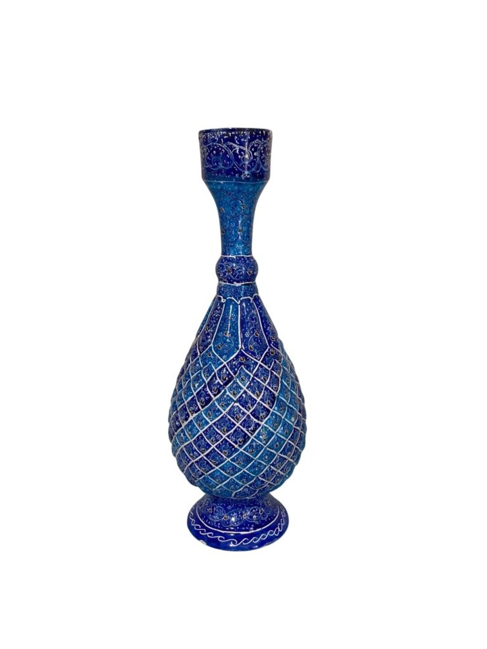 Vintage Persian Minakari Handcrafted Blue And White Enamel Vase 10.5"